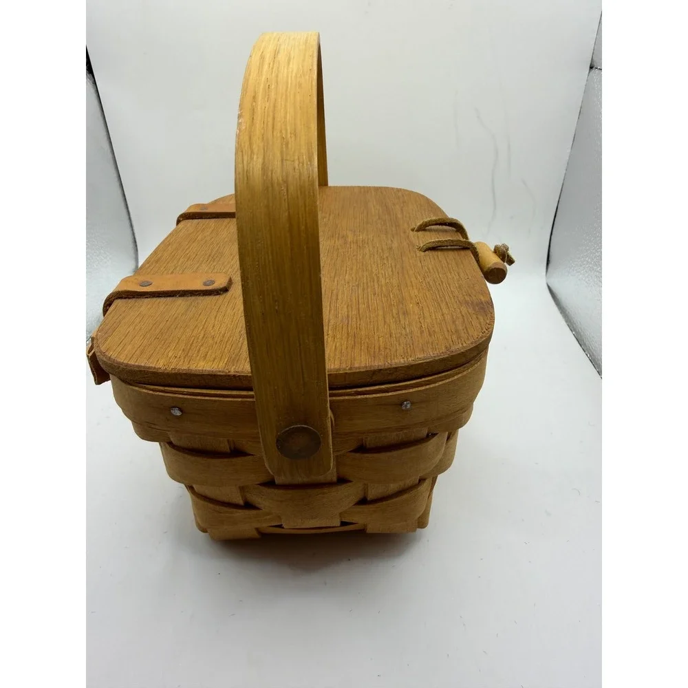 Longaberger 1987 Vintage Handwoven Small Wood Lid Basket with Handle Made in USA